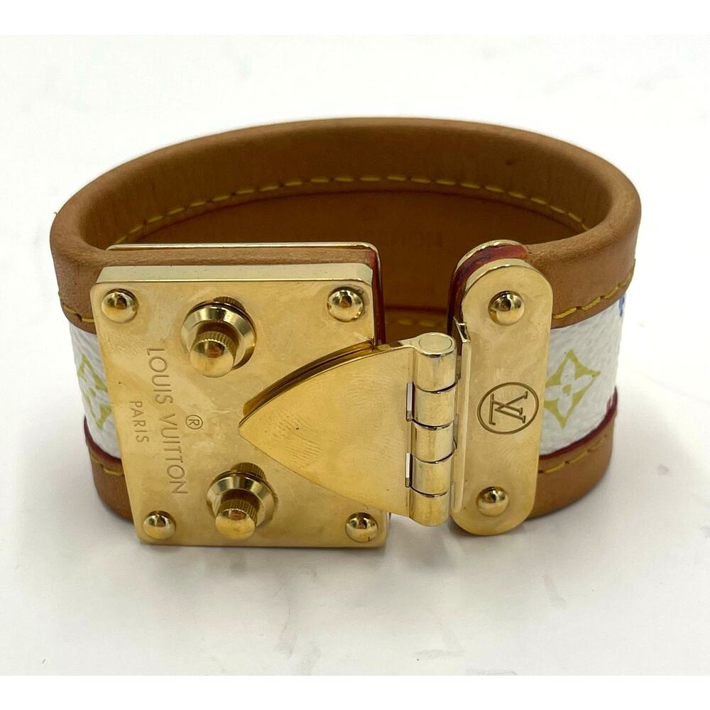 Louis Vuitton LV Womens Leather Logo Cuff Bracelet Gold Clasp w/Box & Dust Bag - Picture 2 of 14